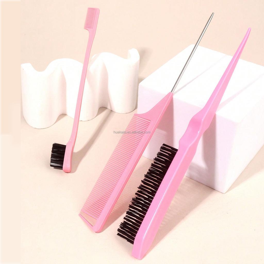 Custom 3 Pieces Hair Styling Comb Set Multicolor Bristle Teasing Hair Brush Edge Control Brush Rat Tail Comb Set