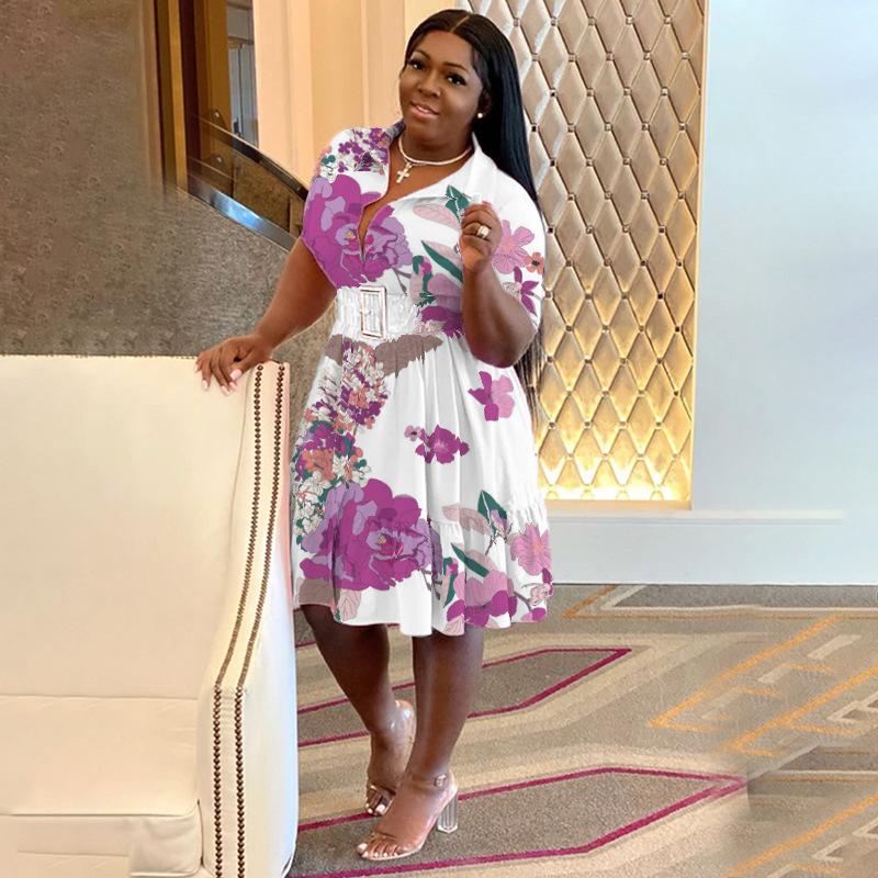 Summer Women's Printed Lapel Single Breasted Plus Size Women's Fashion Casual Short Sleeve Shirt Dress