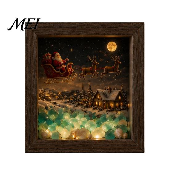 Wooden Landscape Ornament Christmas Snowy Night Light Picture Frame, Vintage Frame 3D Mini Lighted Shadow Box Lamp, Desktop Atmosphere Decor