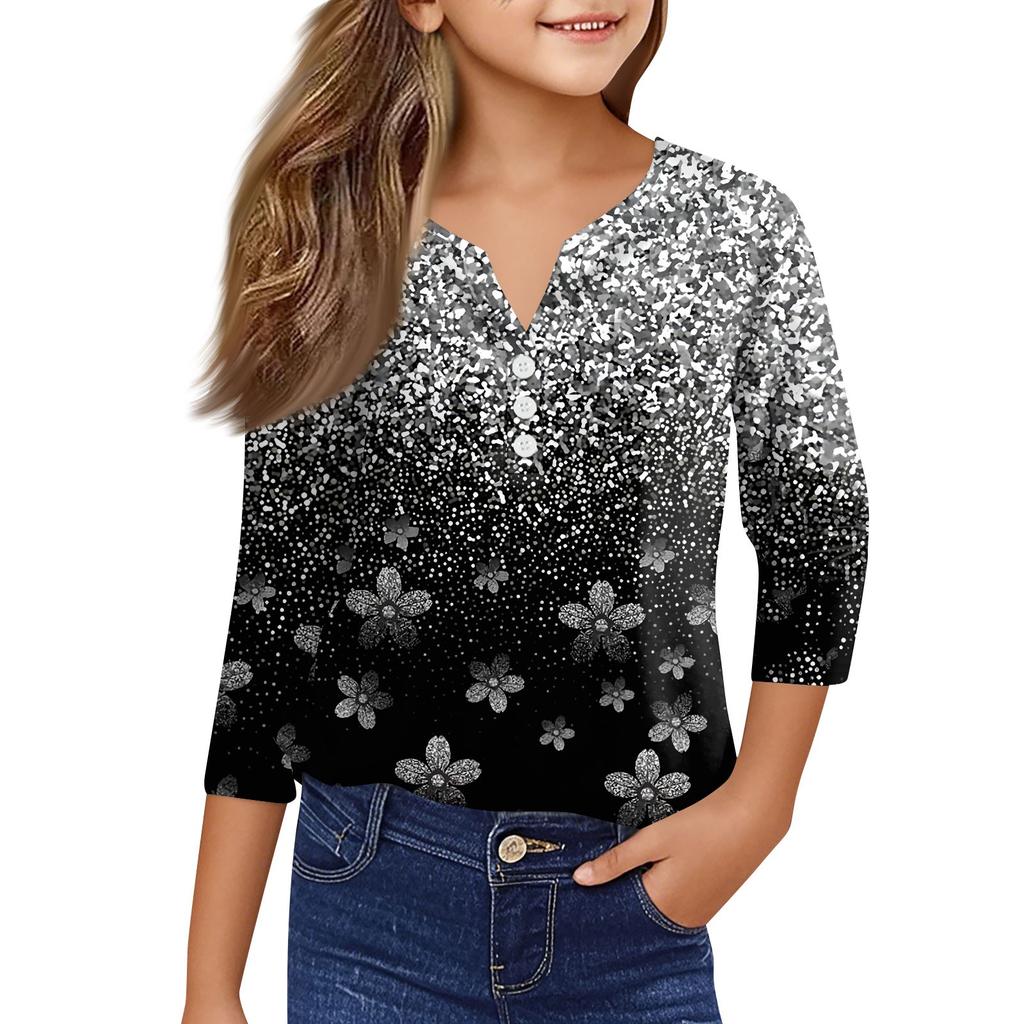 Повседневные модные топы для девочек с принтом, футболка с семью рукавами и пуговицами