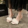 Fashion Plus Size Ladies Shoes 2025 Shallow Women's Slippers Square Toe Feather Thin Heels Sandals Summer Fashion Party Dress High Heels