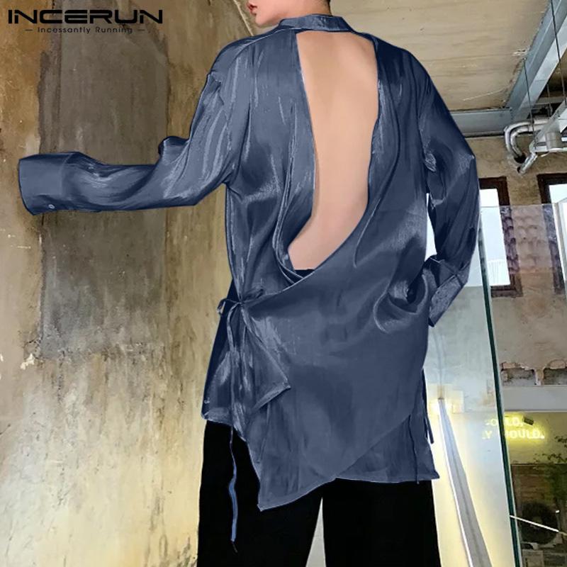 INCERUN Мужские рубашки с блестками, с длинным рукавом, на пуговицах, однотонные, с открытой спиной, бандажные топы