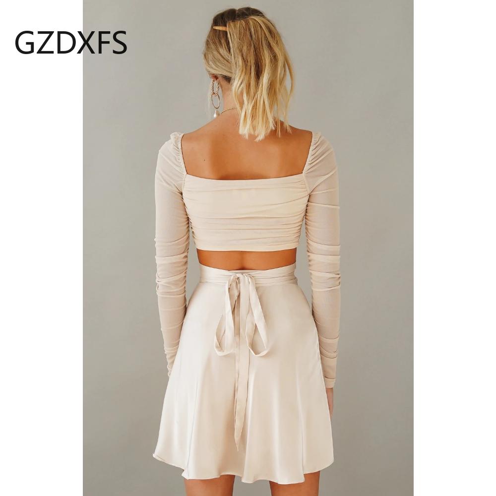 Сплошная цветная юбка с высокой талией, модная цельная короткая юбка на шнуровке, шифоновая атласная юбка с запахом