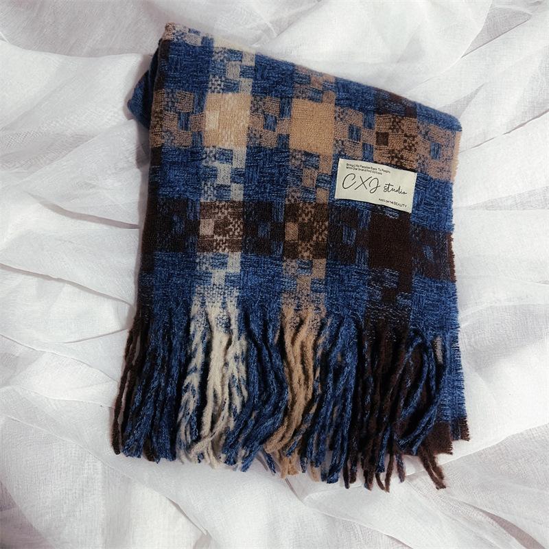 2024 Autumn/Winter New Women'S Mosaic Grid Thickened And Extended Warm Scarf With Contrast Color, High Grade Tassel Versatile Scarf And Shawl