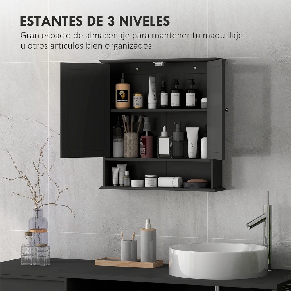 Bathroom Cabinet With Mirror Wall Mounted Cabinet With 2 Doors Open Shelf Adjustable Shelf 56x13x58cm Black