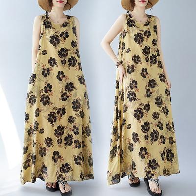 Летнее свободное платье без рукавов с круглым вырезом и принтом средней длины для женщин, повседневные платья