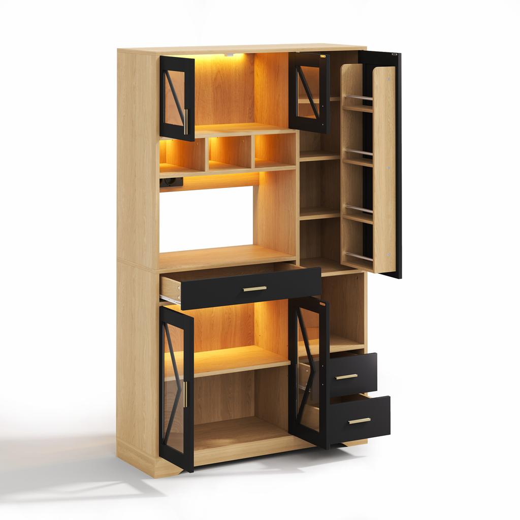Kitchen Cabinet in Barn Style, Storage and Display Cabinet with Adjustable Shelves, Drawer, Color-Changing LED and Sockets, 185 × 105 × 40 cm.