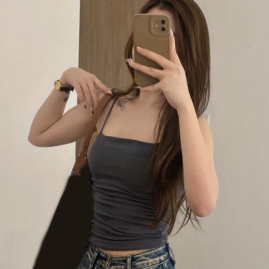 Women Vest Padded Pleated Slim Fit Solid Color Elastic Summer Camis Tank Top Lady Bottoming Inner EMA