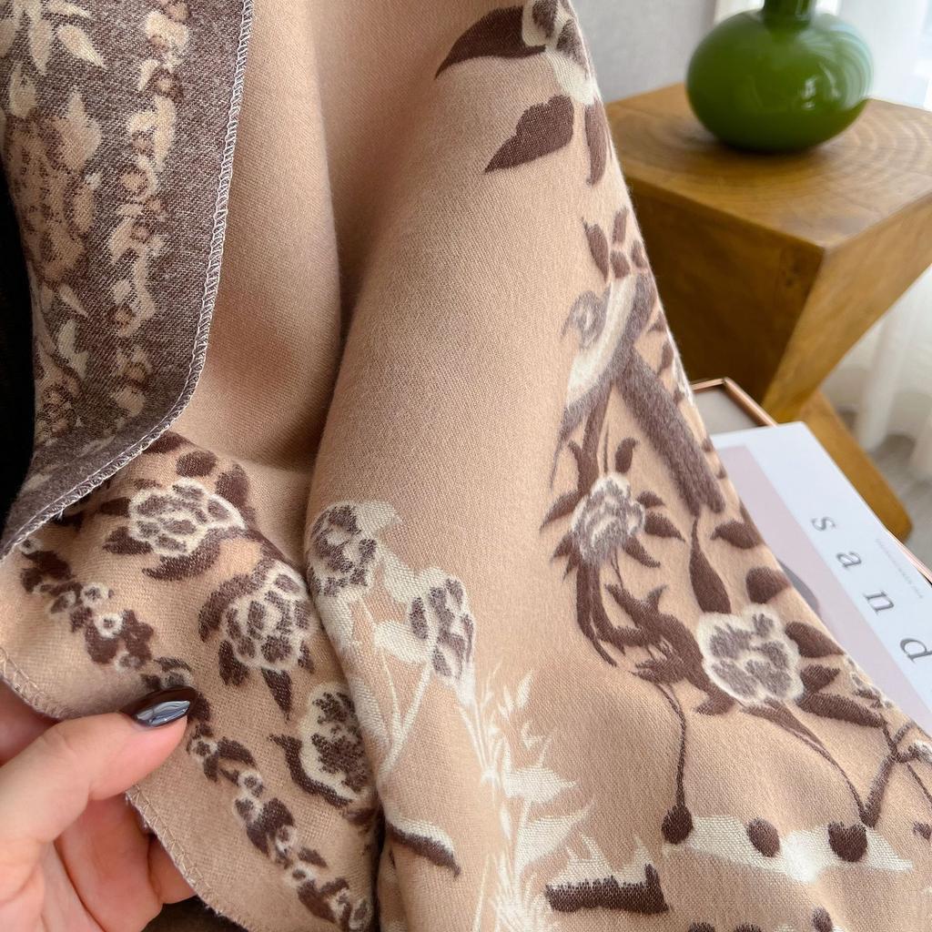 Classic Floral Print Polyester Scarf for Women - Thick Warm Shawl with Short Fringe - Weekend Casual Decorative Wrap - Windproof, Woven Craftsmanship