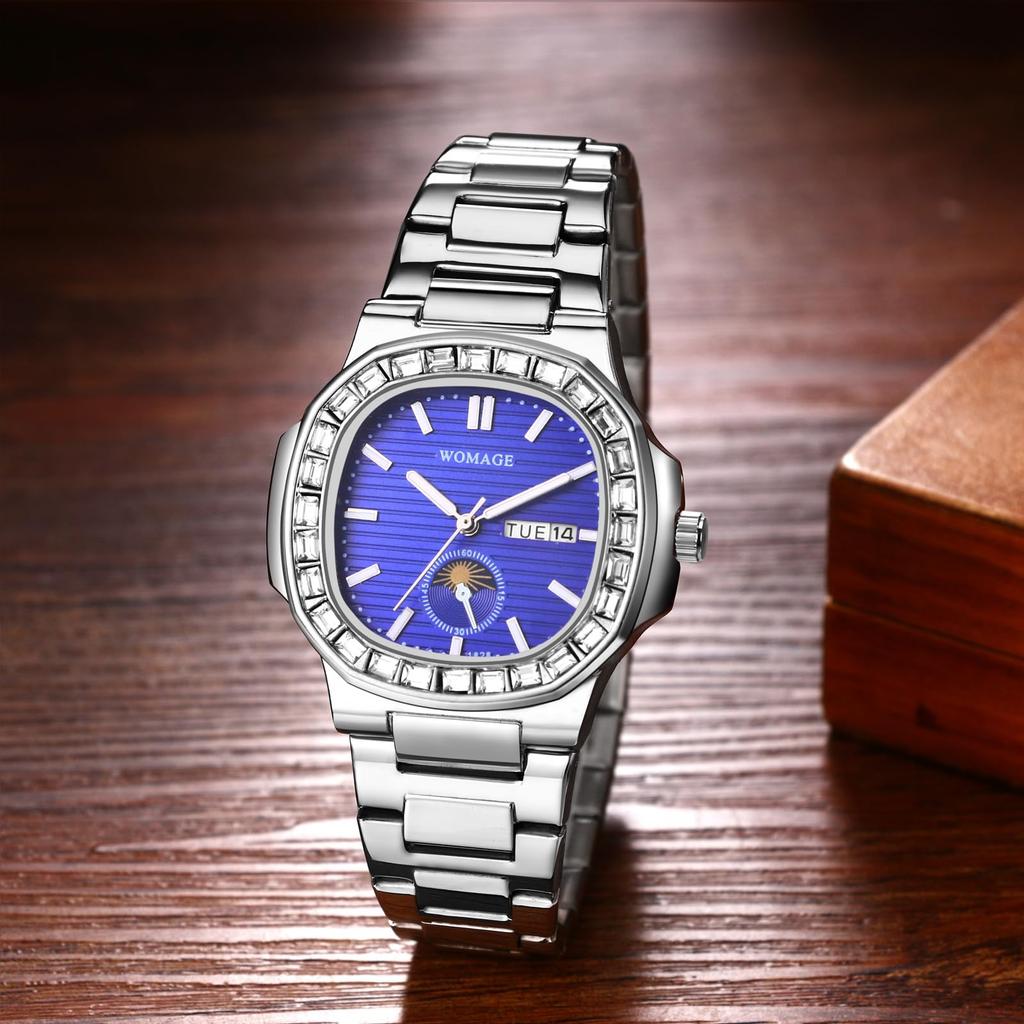 Часы из нержавеющей стали с бриллиантами, люминесцентные аналоговые кварцевые часы золотого цвета, идеальный подарок на день рождения, серебристые мужские часы с календарем, водонепроницаемые, -