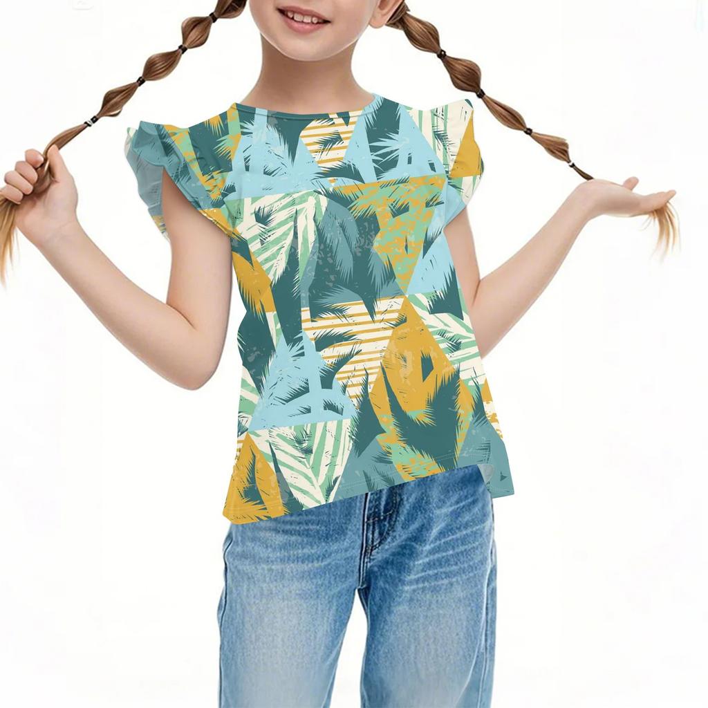 Детский повседневный топ с короткими рукавами, плиссированный, милый, с гавайским принтом, с круглым вырезом