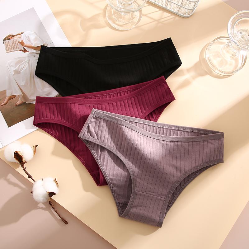 Хлопковые трусики в рубчик, женские трусы, простые однотонные трусики-бикини с низкой талией, спортивное нижнее белье для девочек, большие размеры M-XL