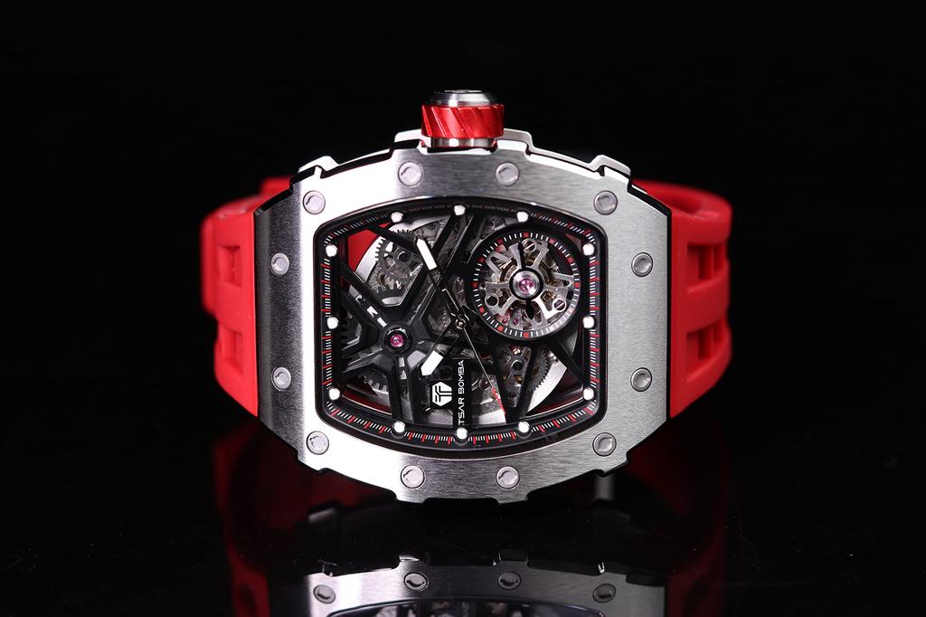 Часы TSAR BOMBA Business 50M Водонепроницаемые скелетонированные часы Стильные наручные часы из нержавеющей стали с циферблатом-бочкой для мужчин Светящийся японский механизм Красный силикон