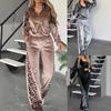 Women's 2-piece Long Sleeve Lapel Zipper Leopard Print Top and Trousers