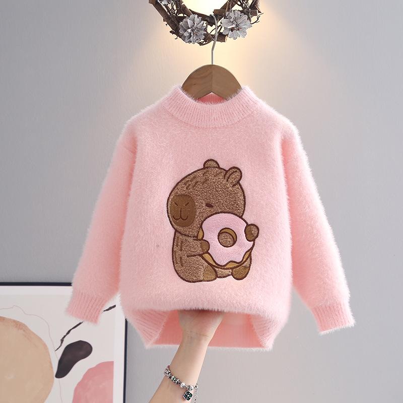 Girls' Sweaters, Bottoming Knitwear, Western Style, Thickened Imitation Mink Fleece, Girls' Autumn and Winter Children's Pullover