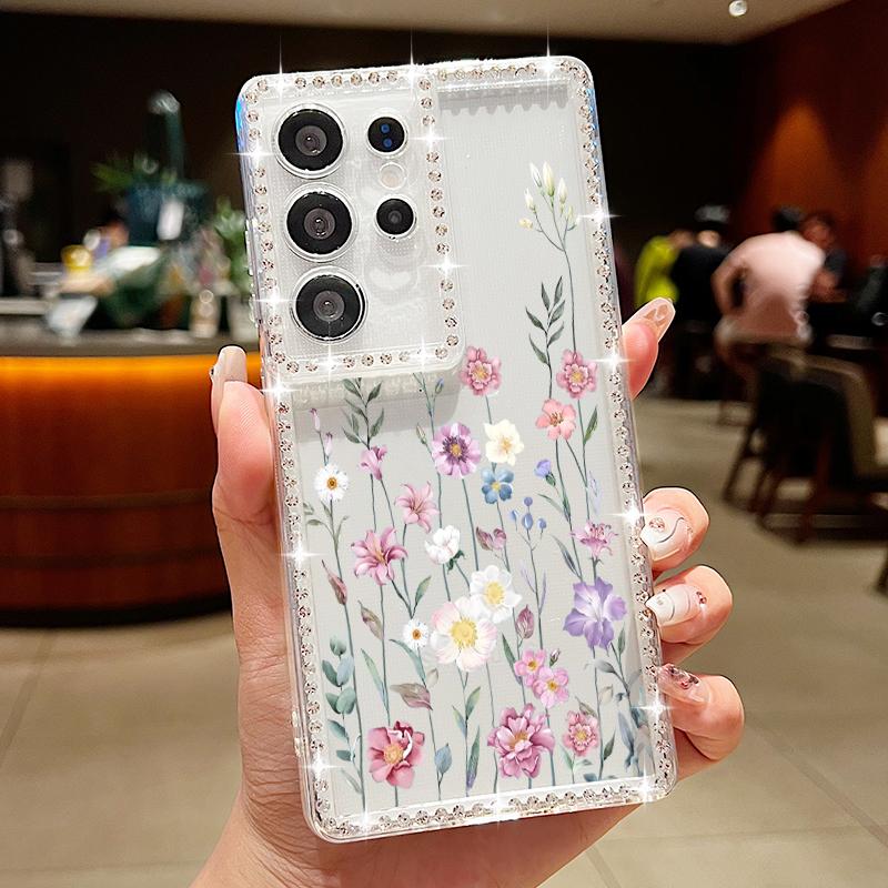 Простой чехол с цветами для Samsung Galaxy A56 A55 A54 A36 A35 A25 A15 A16 A53 5G S25 Edge S24 Ultra S23 FE Бриллиантовый мягкий чехол для телефона