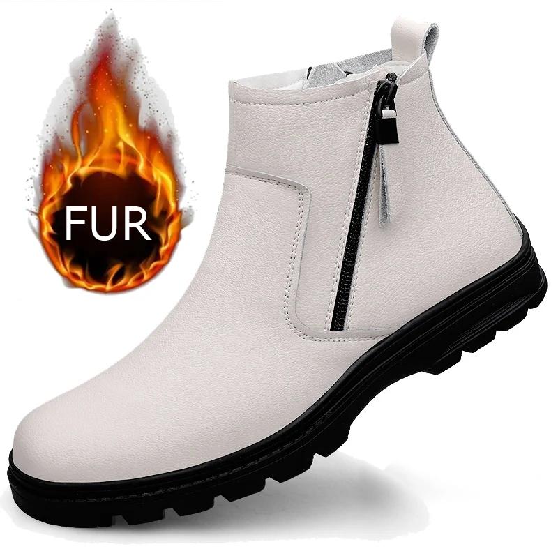 Новые модные удобные мужские ботинки челси из натуральной кожи, ботильоны с боковой молнией, мужские деловые туфли, теплые плюшевые зимние ботинки с мехом