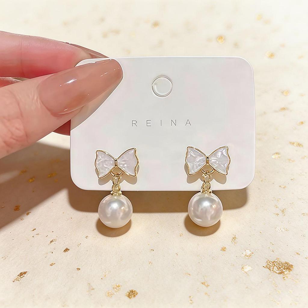 New bowknot imitation pearl ear studs, temperament daily exquisite earrings, women's niche sweet design versatile ear accessories