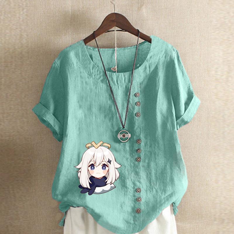 Women's Fashion Round Neck Short Sleeve T-shirt Casual Cotton Linen Graphic Shirt Leisure Loose White Haired Girl Prined Summer Blouse Tops