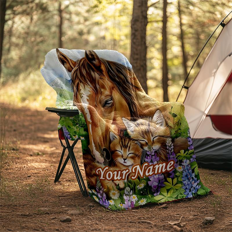 1PC Custom Name Horse Kitten Flowers outdooor Flannel blankets Patterns Throw Blanket All-Season Soft Gift for Couch, Bed, Camping gifts