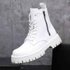 Fashion Men Luxury Fashion Black White Boots Lace-up Original Leather Shoes Stage Nightclub High Motorcycle Boot Cowboy Platform Botas
