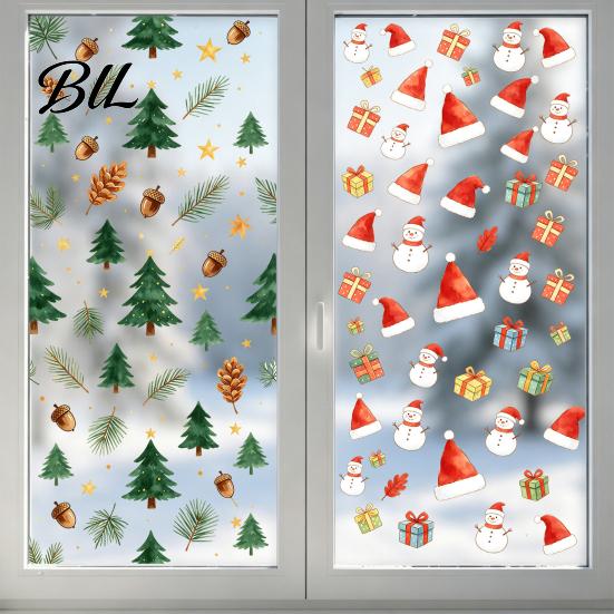 Christmas Bell Glass Sticker Static Window Cling, Xmas Tree Snowman Santa Hat Sticker, Removable Reusable Decoration Decal for Holiday Party