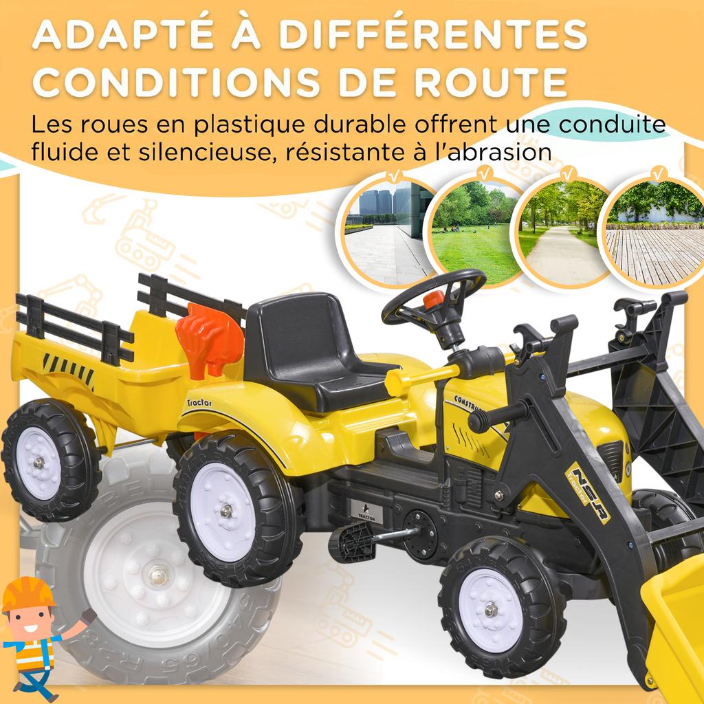 Pedal Backhoe Tractor with Trailer, Shovel and Rake, for Ages 3+, Yellow and Black