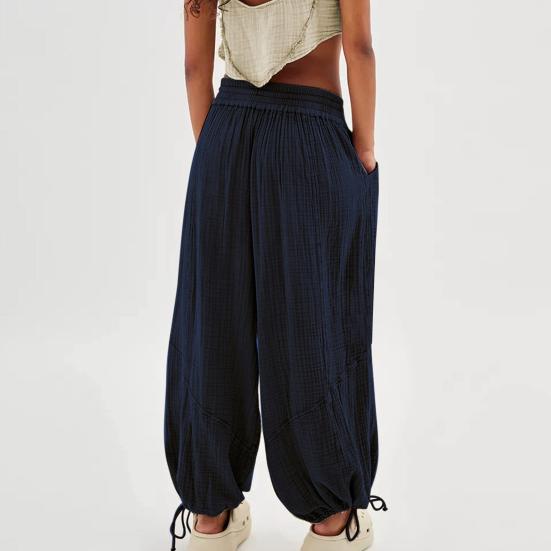 Women Pants High Elastic Waist Drawstring Wide Leg Loose Deep Crotch Pleated Ankle-banded Pockets Solid Color Soft Lady Casual Trousers