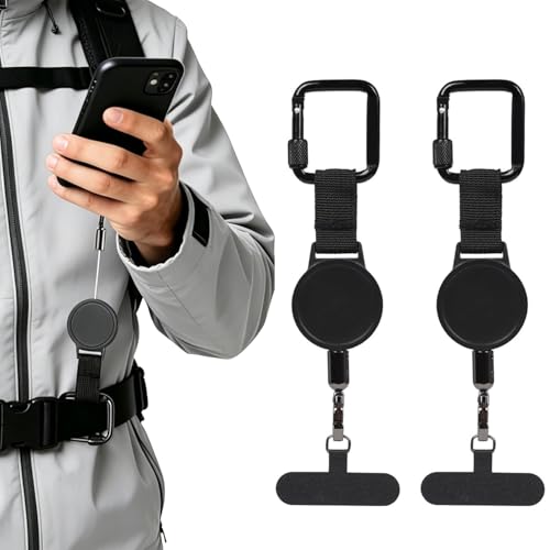 Double buckle anti-theft retractable mobile phone lanyard two-piece set concave square buckle black.