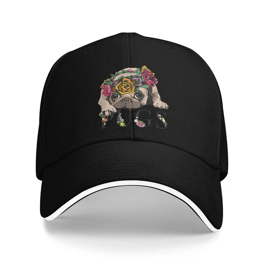 Floral Pug Baseball Cap Outdoor Gym Sun Trucker Hat Women Unisex Stylish Design Snapback Cap