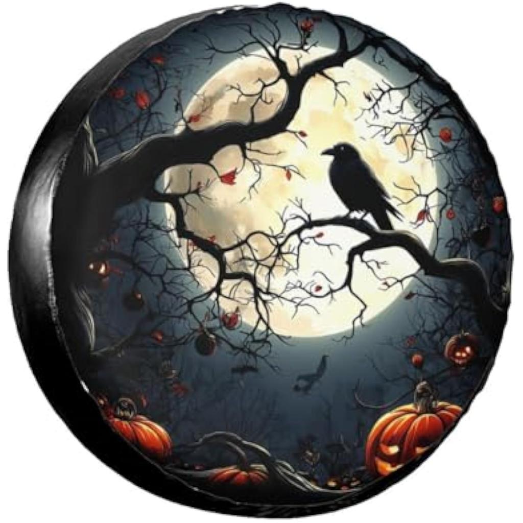 Spooky Crow Moon Halloween Spare Tire Cover Waterproof Polyester Wheel Protector for RV SUV Trailer Camper