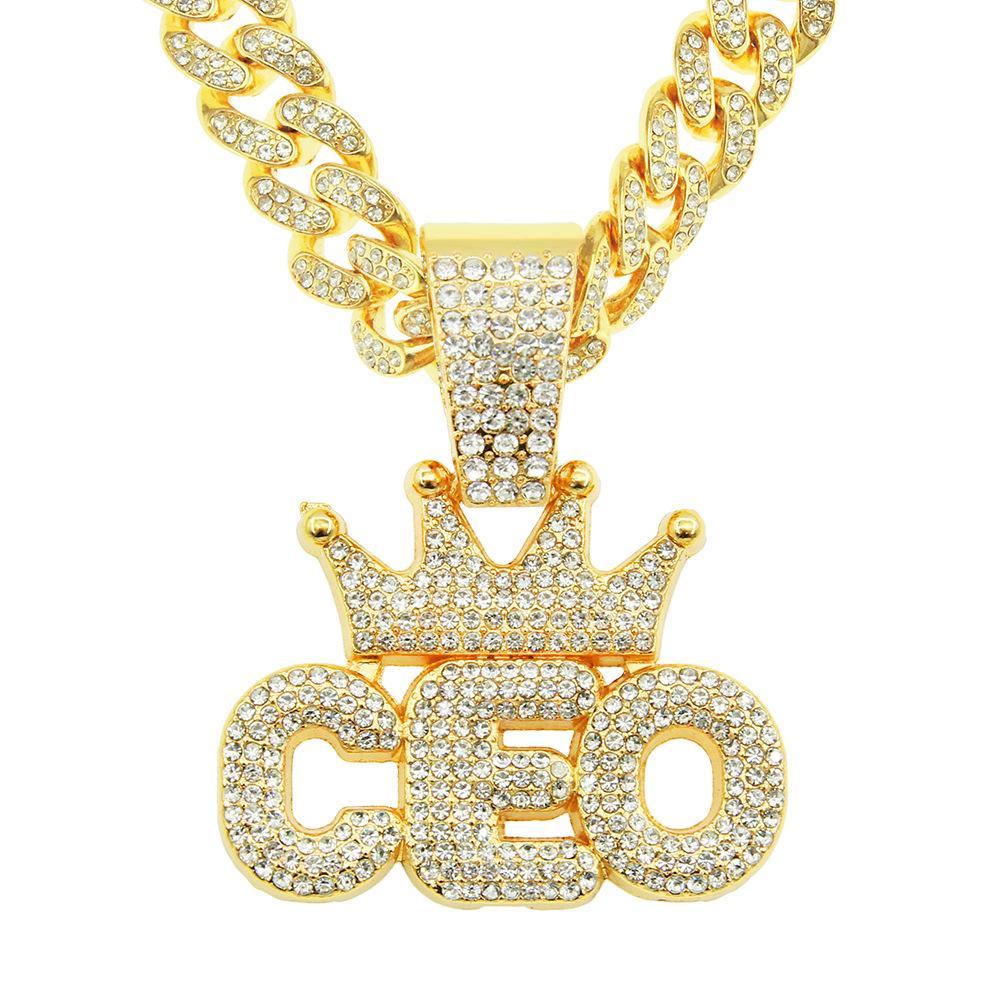 European Hip Hop Full Diamond Crown CEO Letter Pendant Cuban Necklace Hipster Men Hip Hop Street Nightclub Accessories