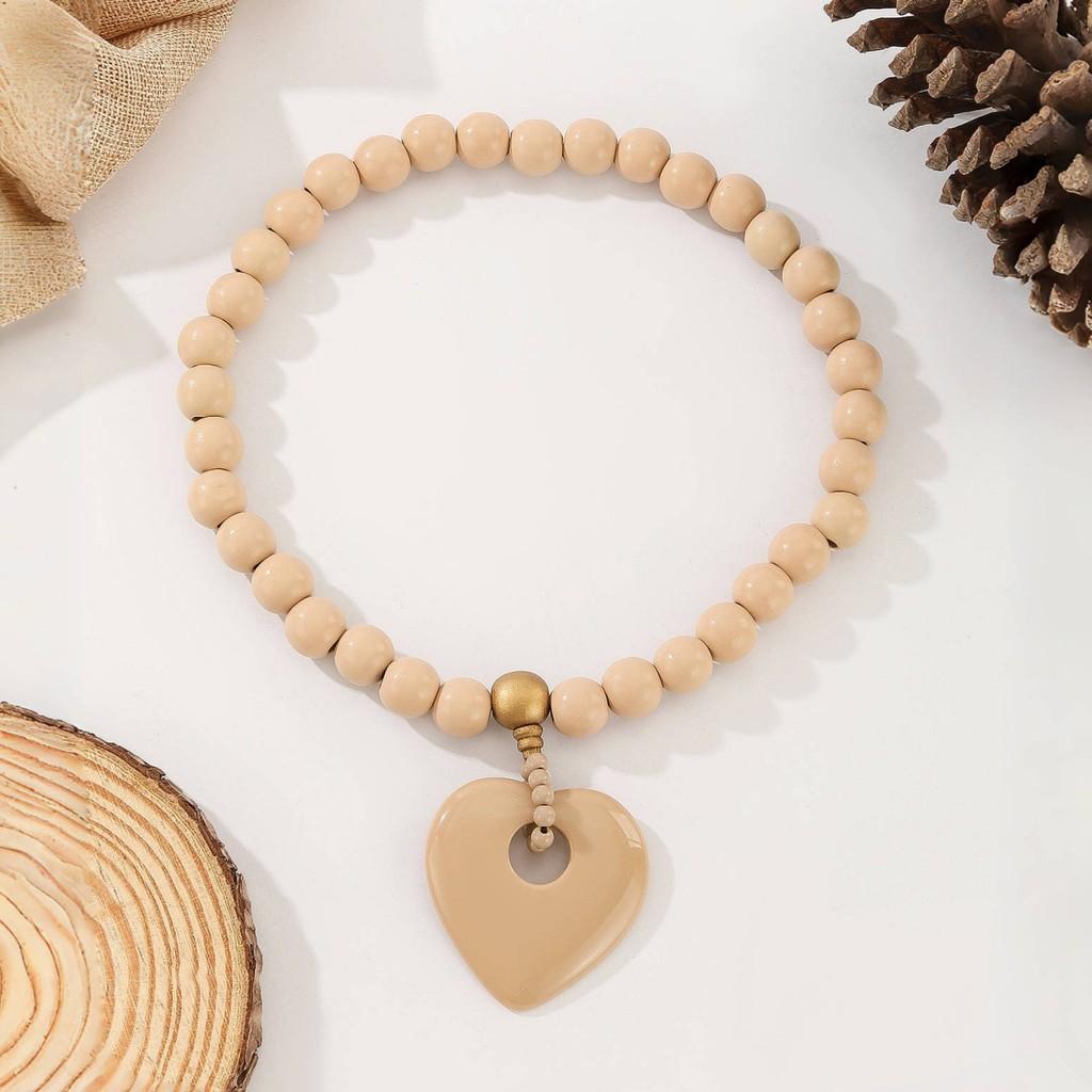 Beaded Wooden Summer Necklace Women Stretch Chain Geometric Pendant Decoration