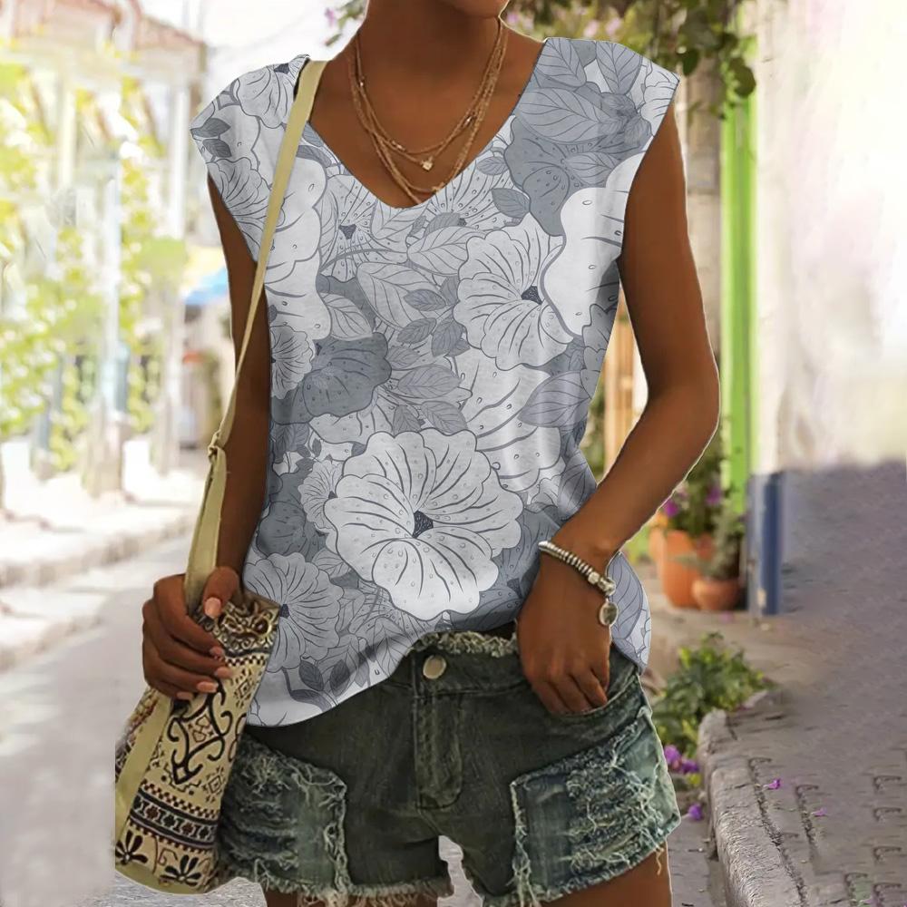 Летний женский жилет, свободный топ без рукавов, футболка с цветочным узором, модный V-образный вырез, короткий рукав, большой размер, повседневный жилет, женская одежда