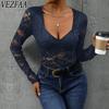 Women's Fashion Casual Solid Color Print Spring Fall Long Sleeve V-Neck Bodysuits