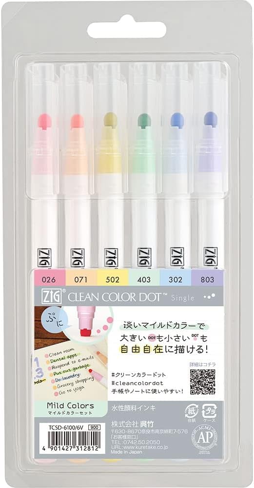 Kuretake Водостойкий маркер Zig Clean Color Dot Одиночный Набор мягких цветов Tcsd 6100 6v Мягкий цвет