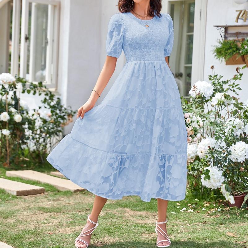 YYFS Женская мода лето весна однотонный принт с коротким рукавом и круглым вырезом с высокой талией повседневные платья