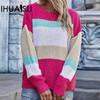 Women's Autumn and Winter Large Size Loose Knit Sweater Temperament Fashion Pullover Striped Rainbow Sweater
