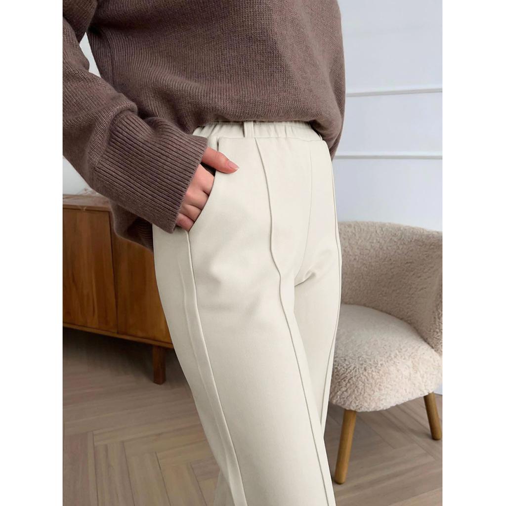 Women Wide Legs Pants Elastic High Waist Overlap Stitch Pure Color Casual Pants for Daily Wear