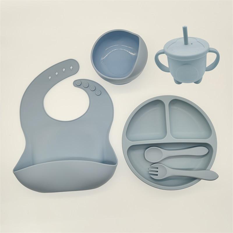 Children's Dishes Set Baby Silicone Tableware 6PCS Set Sucker Bowl Bib Cup Fork Spoon Set Maternal and Infant Supplies BPA Free