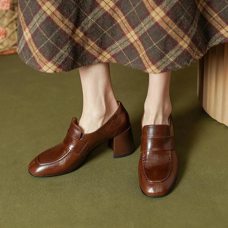 Базовые туфли-лодочки в стиле ретро для женщин, весна-лето, круглый носок, толстый каблук, женские туфли-лодочки из натуральной кожи для работы, для зрелых офисных леди 2024