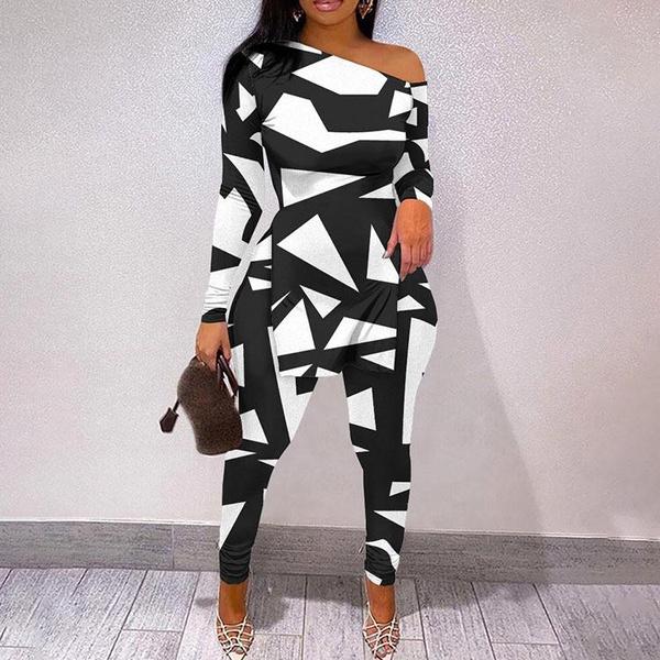 Women's Clothing Casual Split Hem Two Piece Set Slanted Shoulder Long Sleeve Tops & Skinny Long Length Solid Pants Set Womens Casual Outfits Set