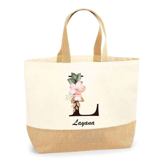 Tote bag - PLANETEE - Layana Lettre Fleur - jute naturel - fabriqué en France - multicolore