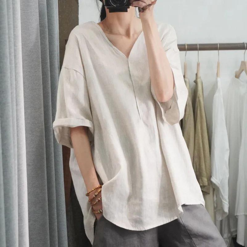 Summer New Half-sleeved Casual Loose Large Size Meat Covering Comfortable V-neck Top Short-sleeved T-shirt Solid Color Women's Clothing