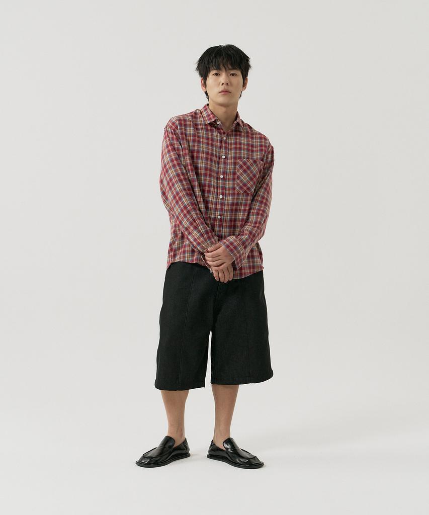 GNOK Flannel Check Pocket Long Sleeve Shirt [Burgundy]
