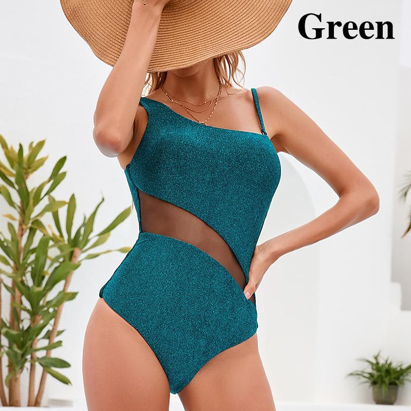 Новая мода сплошной цвет блестящая сетка сращенный цельный бикини купальники сексуальные кружевные полые купальники с открытой спиной изысканный золотой пляжный бикини