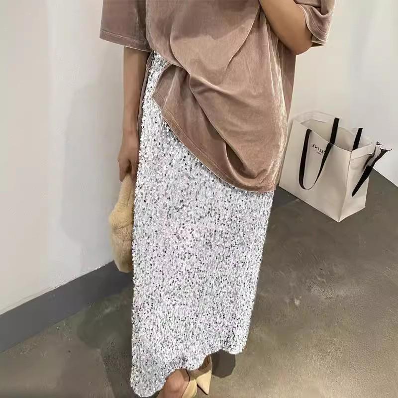 2025 Европейская и американская узкая длинная юбка с высокой талией и пайетками - женская эластичная юбка с резинкой на талии