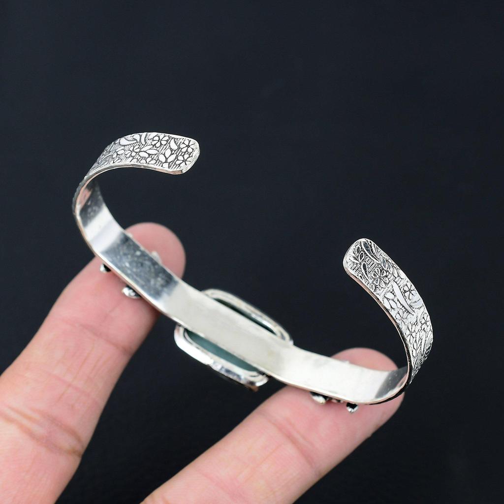 Halloween Deal Amazonite Stone 925 Silver Wife Flower Art Deco Bangle Bracelet