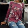 Women Tops Round Neck Raglan Long Sleeve Pullover Tops Flower Print Patchwork Color Mid-length Tee Shirt