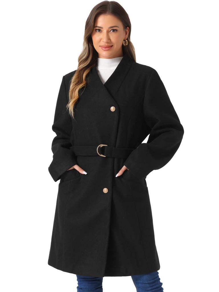 Allegra K Women's Button-Down Coat, Stand Collar, Long Sleeves, Belted, Winter Classic Long Coat, Black, Size M